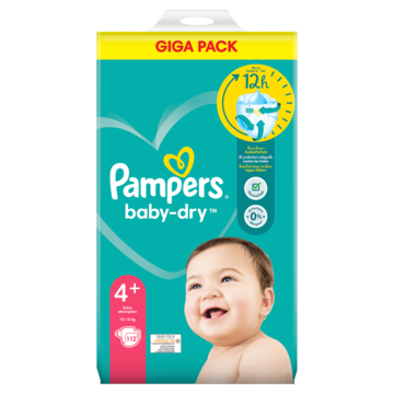 Pampers Baby-Dry Maat 4+, 112 Luiers, Tot 12 Uur Bescherming, 10kg-15kg