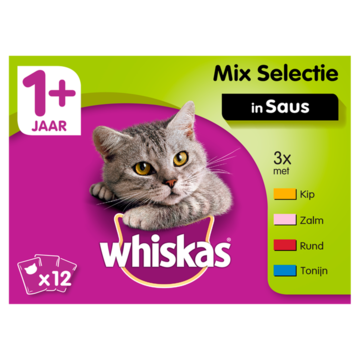 Whiskas 1+ Adult Maaltijdzakjes - Mix selectie in Saus - Kattenvoer - 12 x 100g