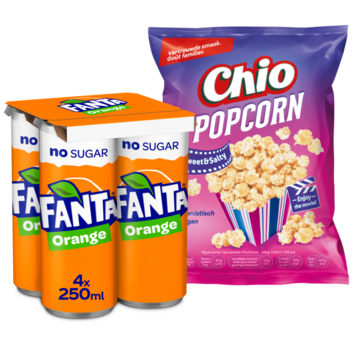 Fanta Orange No Sugar en Chio Popcorn Sweet & Salty