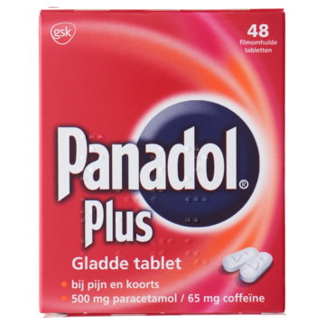 Panadol Plus gladde, pijnstillende tabletten 500 mg/ 65 mg, 48 stuks