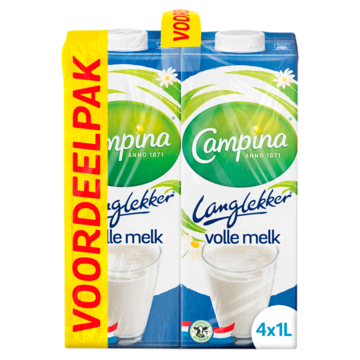 Campina Langlekker volle melk voordeel 4 x 1L