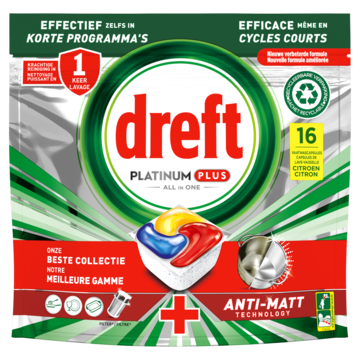Dreft Platinum Plus All In One Vaatwascapsules Citroen, 16 Capsules