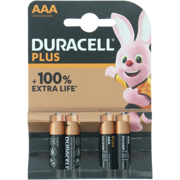 Duracell Plus AAA-alkalinebatterijen, 4 stuks