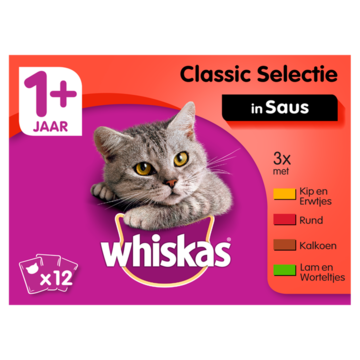 Whiskas 1+ Adult Maaltijdzakjes - Classic selectie in Saus - Kattenvoer - 12 x 100g