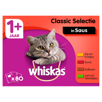 Whiskas 1+ Adult Voordeelpak Maaltijdzakjes - Vlees in Saus - Kattenvoer - 80 x 100g