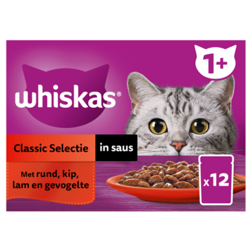Whiskas 1+ Natvoer - Classic - Selectie in saus - maaltijdzakjes 12 x 85g