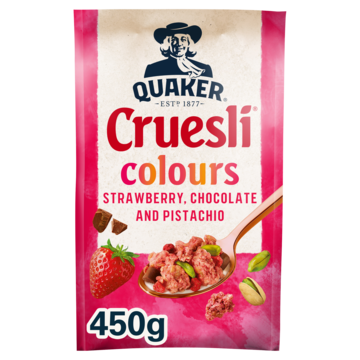 Quaker Cruesli Colours Aardbei, Chocolade en Pistache 450gr