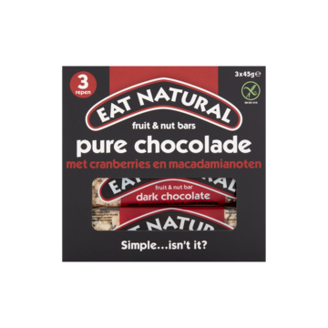 Eat Natural Fruit Nut Bars Pure Chocolade met Cranberries en Macadamianoten 3 x 45g