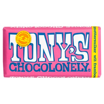 Tony's Chocolonely Wit 28% Framboos Knettersuiker Chocolade Reep 180g