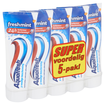 Aquafresh Freshmint 3in1 tandpasta voor een frisse adem voordeelverpakking 5 x 75ml, recyclebare plastic tube en dop