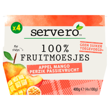 Servero 100% Fruitmoesjes Appel Mango Perzik Passievrucht 4 x 100g