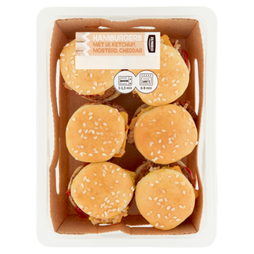 Jumbo Mini Hamburgers met Ui, Ketchup, Mosterd, Cheddar 120g