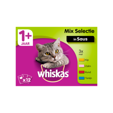 Whiskas 1+ Adult Maaltijdzakjes - Mix Selectie in Saus - Kattenvoer - 12 x 100g