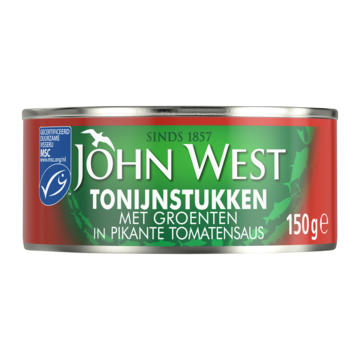 John West tonijnstukken met groenten in pikante tomatensaus MSC 150 gram