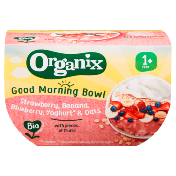 Organix Fruitpuree Good Morning Bowl Aardbei, Banaan, Bes, Yoghurt en Haver kuipje 120g