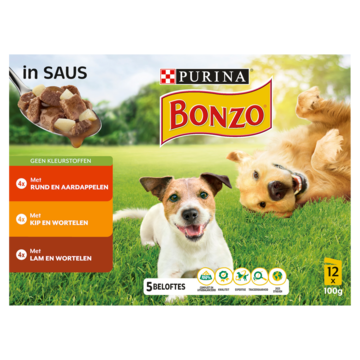 PURINA® BONZO® met Rund, Kip of Lam in Saus 12 x 100g