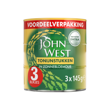 John West tonijnstukken in zonnebloemolie 3 x 145 gram