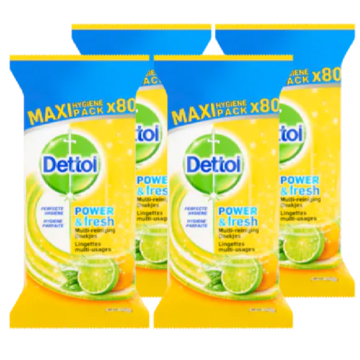 Dettol Power & Fresh Multi-Reiniging Doekjes Sprankelende Citroen & Limoen Maxi Pack 4 x 80 Doekjes