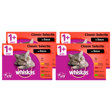 Whiskas 1+ Adult Maaltijdzakjes - Vlees in Saus - Kattenvoer - Grootverpakking 48 x 100g