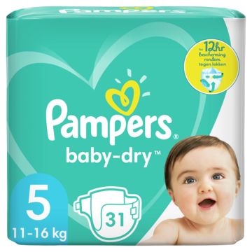 Pampers Baby-Dry Maat 5, 31 Luiers, Tot 12 Uur Bescherming, 11-16kg