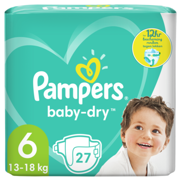 Pampers Baby-Dry Maat 6, 27 Luiers, Tot 12 Uur Bescherming, 13-18kg