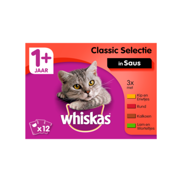 Whiskas 1+ Adult Maaltijdzakjes - Classic Selectie in Saus - Kattenvoer - 12 x 100g