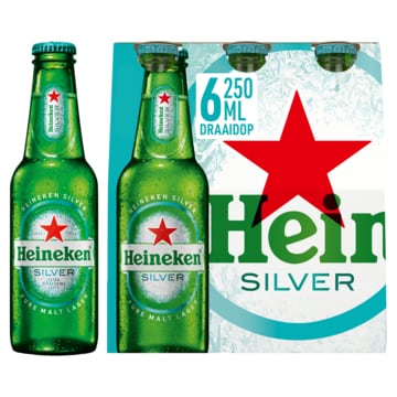 Heineken Silver Draaidop Fles 6 x 250ML Aanbieding bij Jumbo | Alcoholhoudend of 0.0% Verpakking met 4, 6 of 12 flesjes of blikjes M.u.v. Gekoeld bier en geschenkverpakkingen
