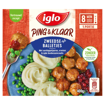 Iglo Ping & Klaar Zweedse Balletjes met aardappelpuree, erwten en rode bosbessencoulis 400g