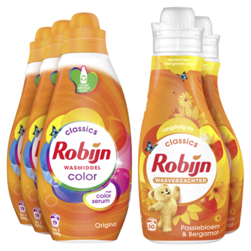 Robijn Robijn Perfect Match Wasmiddel en Wasverzachter Pakket Color & Passiebloem 5 Stuks