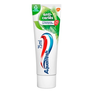 Aquafresh Anti Cariës Tandpasta voor gezonde tanden en een frisse adem 75ml, recyclebare plastic tube en dop