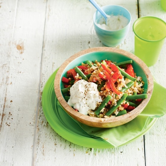 Mediterrane linzenrijst met paprika en ricotta