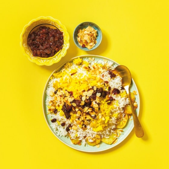 Perzische saffraanrijst met cranberry’s, rozijnen en amandel